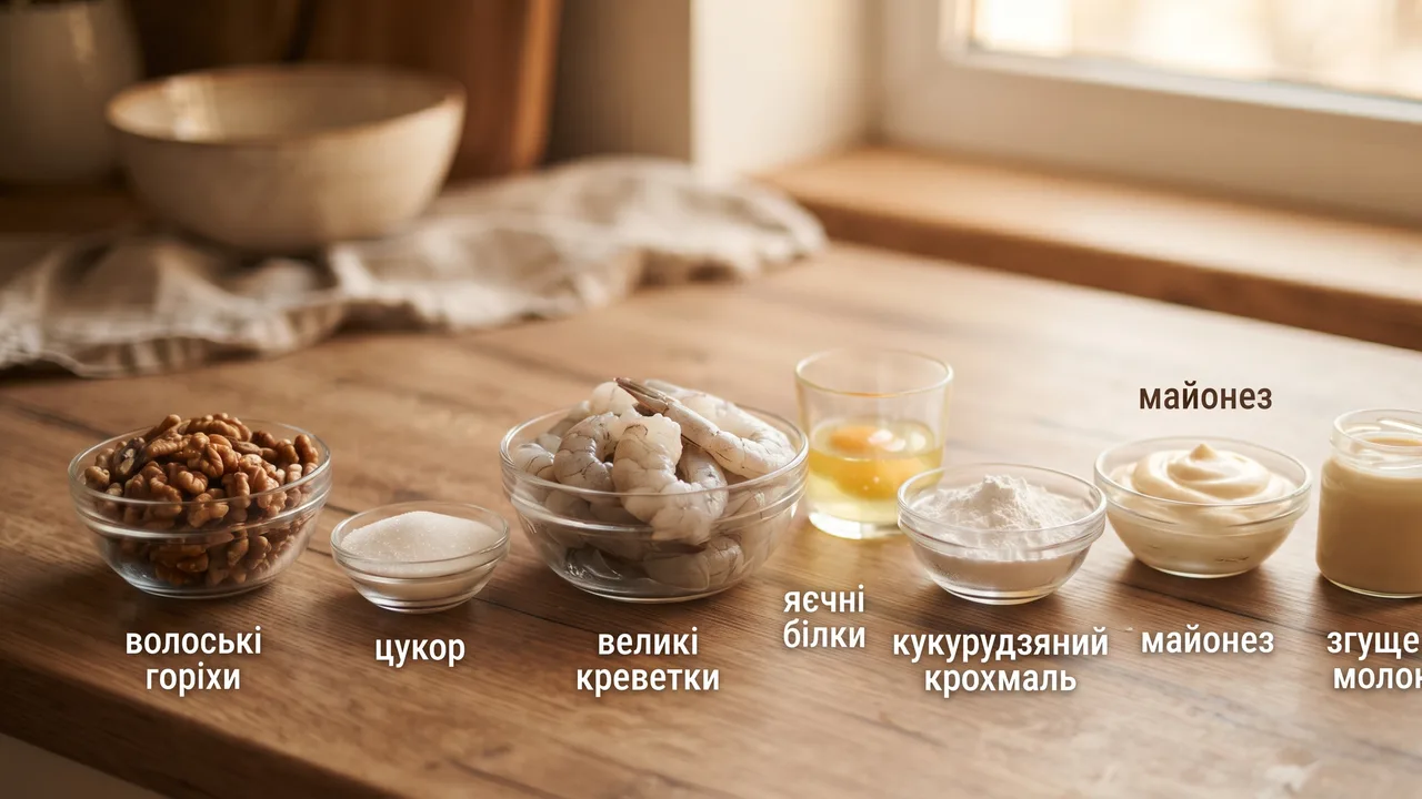 Хрусткі креветки у медовому соусі з волоськими горіхами